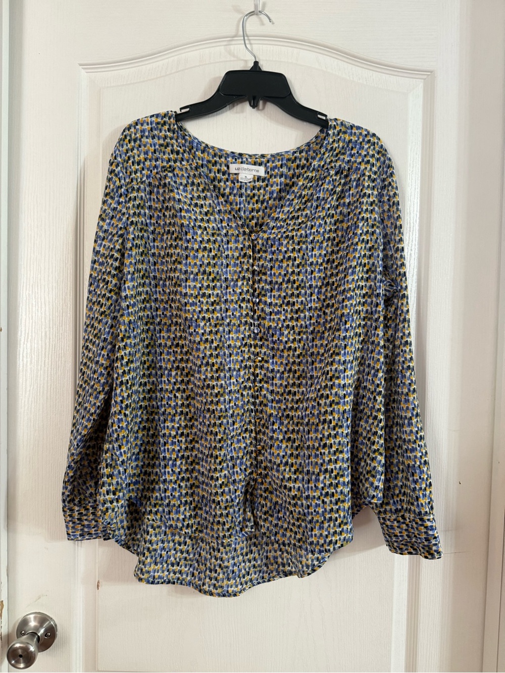 Liz Claiborne Women’s Vneck Blue Yellow Blouse Sz XL. SP-13